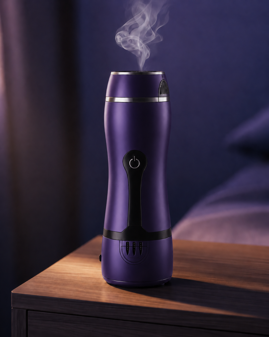Purple Wysp device operating on a wooden table