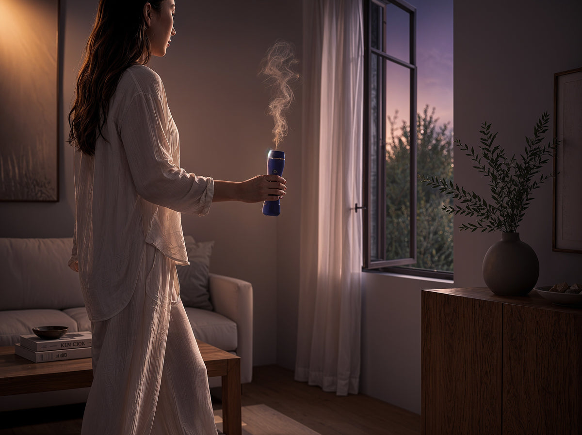 A person holding Wysp near an open window at dusk